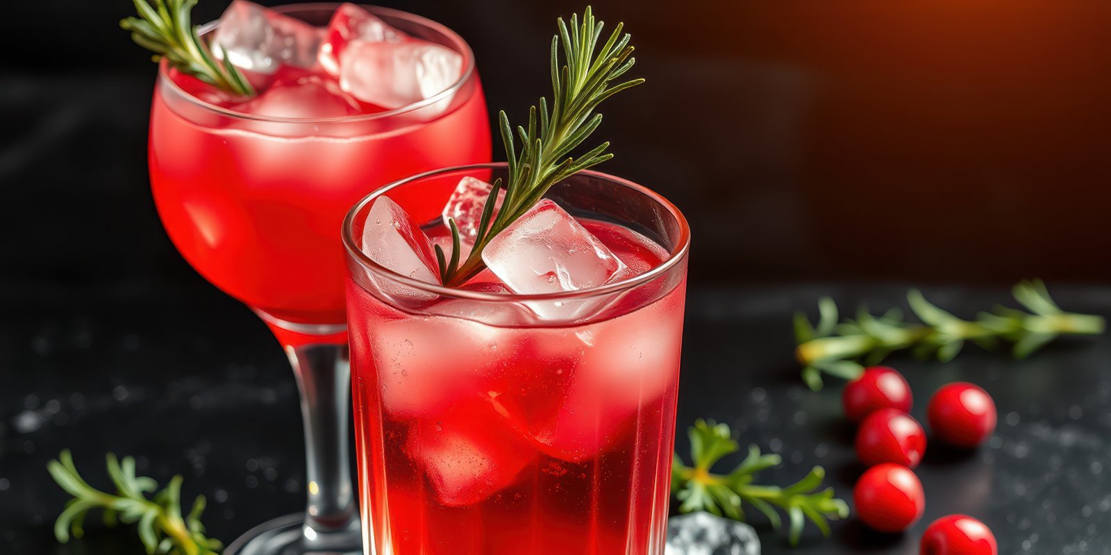 Refreshing summer cocktails with vibrant red colors and garnishes served in elegant glasses on a dark table